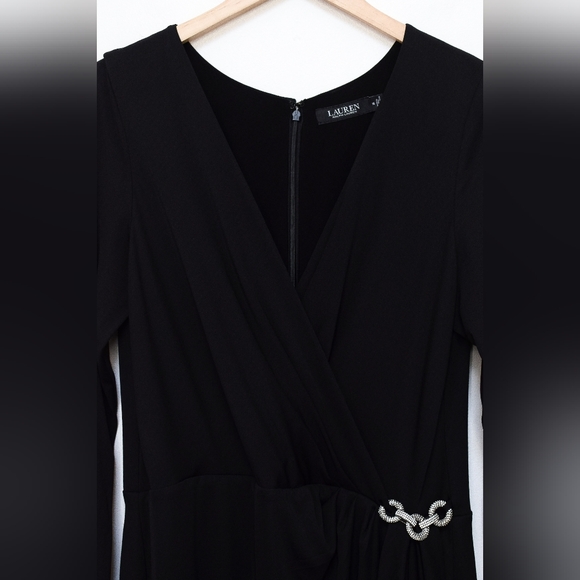 Lauren Ralph Lauren Ruffle Trim Jersey Gown Black Chain Detail Size 14 Formal - Picture 4 of 10